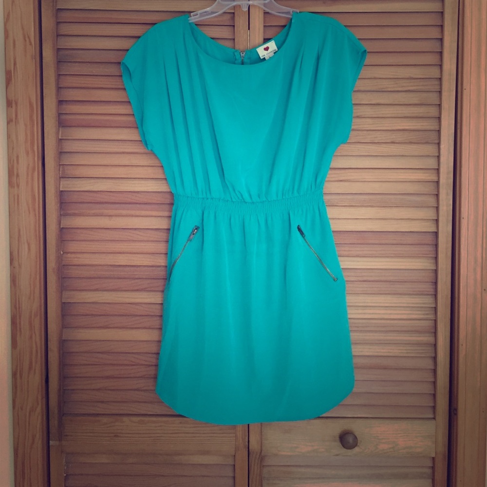 Teal, a-line dress with elastic waist.